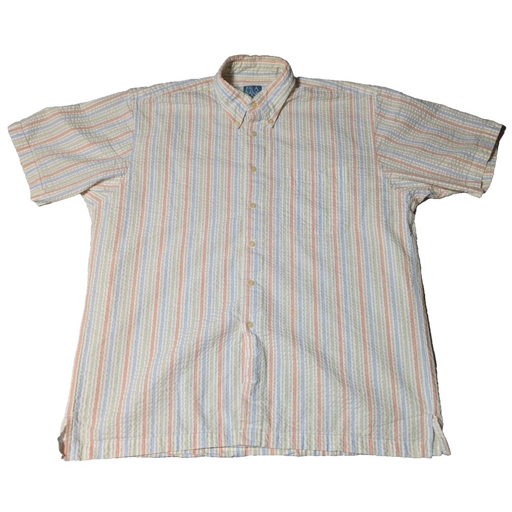 JOS. A. BANK STAYS COOL Men Large Cotton Peach Blue Multi Seersucker Shirt
